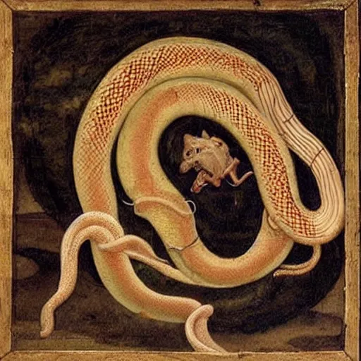 Prompt: a long snake in an infinite loop as it devours itself in agony, 4k renaissance art, -n 6 -i