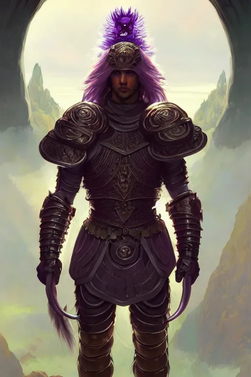 Image similar to male fighter wearing a full plate armor, a giant purple worm is visible in the back, fantasy, amber eyes, face, long hair, intricate, elegant, highly detailed, digital painting, artstation, concept art, smooth, sharp focus, illustration, art by artgerm and greg rutkowski and alphonse mucha