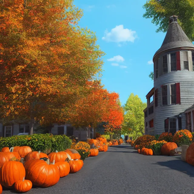 Image similar to small new england colonial city street with shops and pumpkins, maple trees with fall foliage, new hampshire mountain, stone walls, volumetric, realistic, cinematic lighting, ray tracing, unreal engine 5, octane render, hyper realistic, photo, 8 k