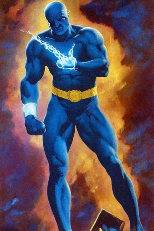 Prompt: painting by Frank Frazetta!!! of as Dr. Manhattan in Watchmen