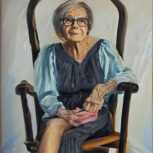 Image similar to emma watson as a very old lady sitting in a rocking chair, oil painting