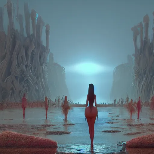 Image similar to Kim Kardashian at dystopian Coachella, by zdzislaw beksinski and Ridley Scott, detailed lighting, high quality, sharp focus, intricate, octane render, unreal engine 5, artstation, 4k, 25mm film grain