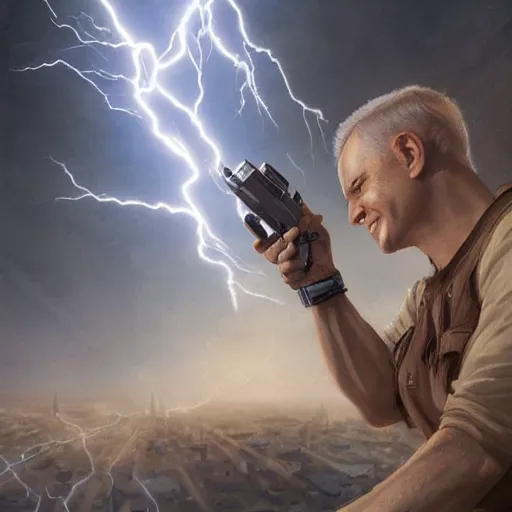 Prompt: benjamin netanyahu shooting lightning bolts with his hands like zeus, highly detailed, by artgerm and greg rutkowski