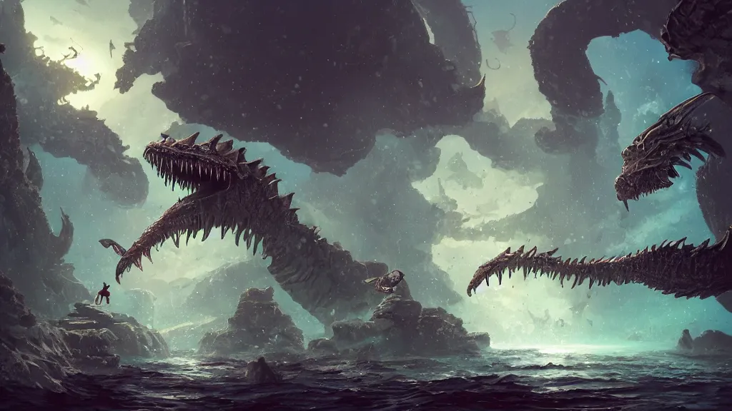 Image similar to An diver is under the sea, he has a treasure with him, he is swimming away from the giant Ryūjin that is behind hunting him, this is an extravagant planet with wacky wildlife and some mythical animals, the background is full of ancient ruins, the ambient is dark with a terrifying atmosphere, by Jordan Grimmer digital art, trending on Artstation,