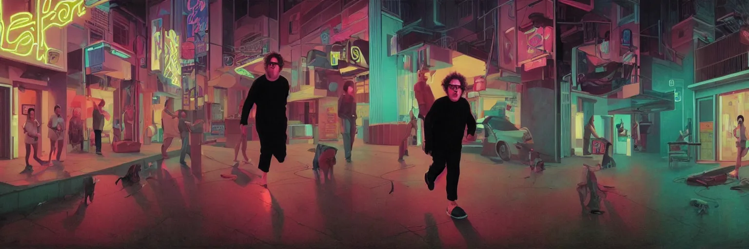 Prompt: weird and disturbing portrait of todd solondz running scared in the streets of tel aviv, vivid colors, neon, art by gregory crewdson and artgerm and wlop and william - adolphe bouguereau