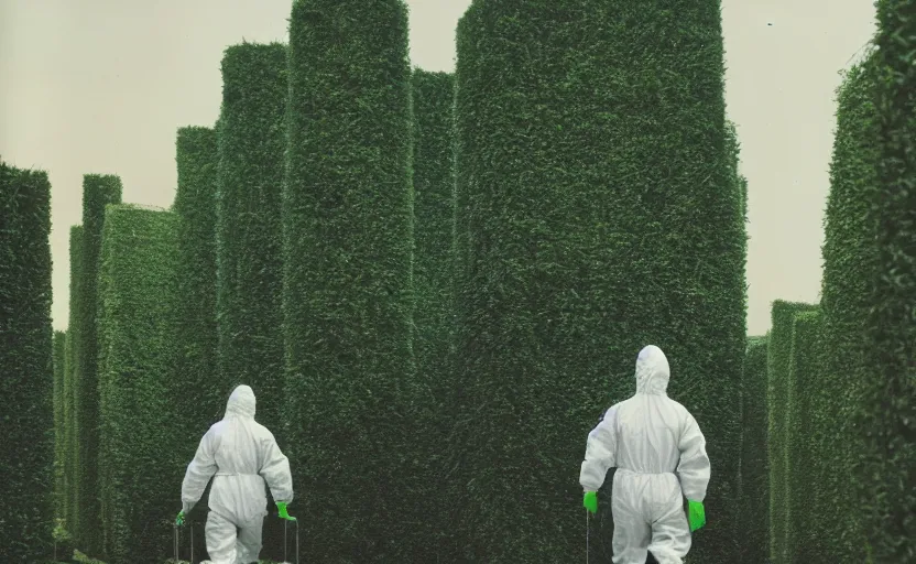 Image similar to cinestill 5 0 d photographic portrait by helen levitt of evil hazmat scientists walking through a brutalist hedge maze, extreme closeup, cinematic, modern cyberpunk, dust storm, 8 k, hd, high resolution, 3 5 mm, f / 3 2