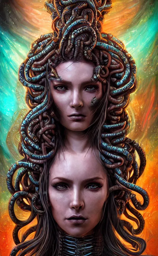 Prompt: highly detailed and intricately made HD mixed media digital art of an epic fantasy comic book style portrait painting of a very beautiful and intimidating nebulapunk Medusa with symmetrical facial features and lots of cyberpunk and cybernetic bio-luminiscent snakes as hair, awesome pose, centered, full body, vibrant dark mood, unreal 5, hyperrealistic, octane render, cosplay, RPG portrait, Sci-fi, arthouse, dynamic lighting, intricate detail, cinematic, HDR digital painting, 8k resolution, enchanting, otherworldly, sense of awe, award winning picture, Hyperdetailed, blurred background, airbrushing, backlight, 3d rim light, Gsociety, trending on ArtstationHQ, maximalist, dreamscape, Rococo, surreal dark art, iridiscent accents, Bokeh, cosmic horror, lovecraftian inspiration, very accurately symmetrical portrait