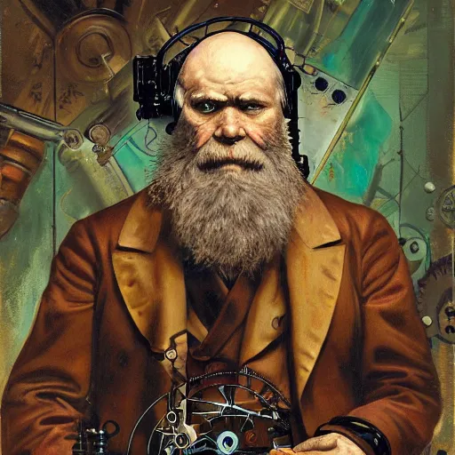 Image similar to portrait of charles darwin as a steampunk cyborg, clockwork automaton, hanafuda oil on canvas by ivan shishkin, james jean and yoji shinkawa