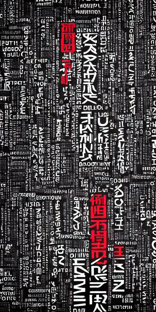 Image similar to a photo of a banner with symbols, logos of megacorporations by tsutomu nihei, futuristic font minimal glyphs, black white red, sci fi font, graphic design, 8 k, innate studio