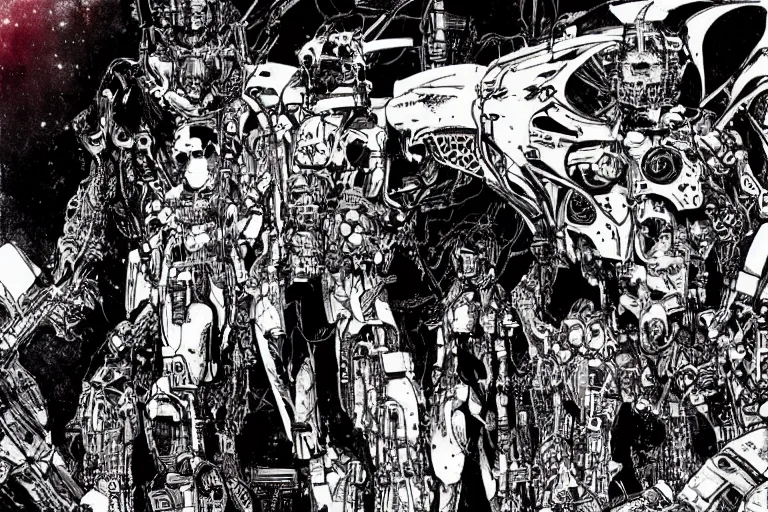 Prompt: cyborg bounty hunters in a no man's land, a color illustration by tsutomu nihei, tetsuo hara and katsuhiro otomo