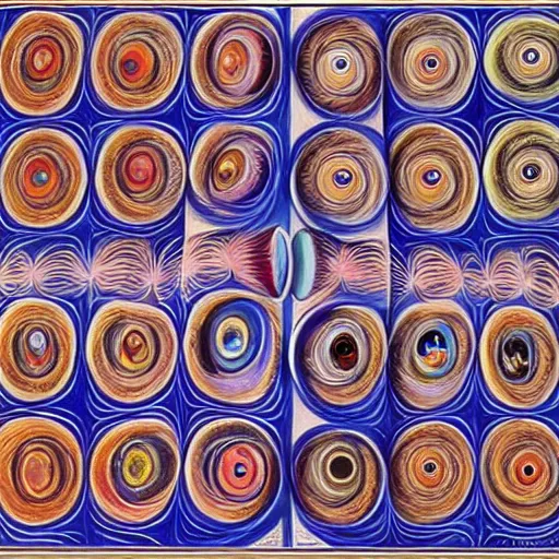 Prompt: Alex Grey painting of someone putting on a contact lens, repeating patterns