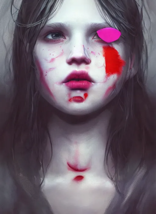 Prompt: portrait of sinister girl with pouty aerochrome lips, fungal, unforgivable, cute bandaid on nose!!, expressive eyes, full body, deathly skin, greg rutkowski, charlie bowater, yuumei, stephen gammell, unreal 5, daz, hyperrealistic, octane render, rpg portrait, dynamic lighting, fantasy art, beautiful face