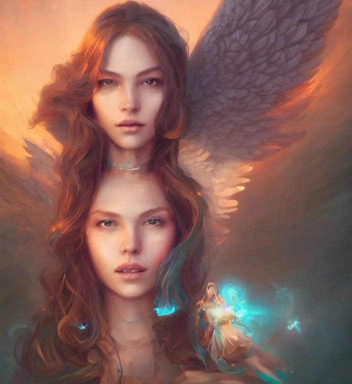 Image similar to centered waist up portrait photography an angel + bokeh + DOF + 8k, photorealistic + rendered in unreal engine + colors and composition by Peter Mohrbacher + line work by Dan Mumford , ultra realistic