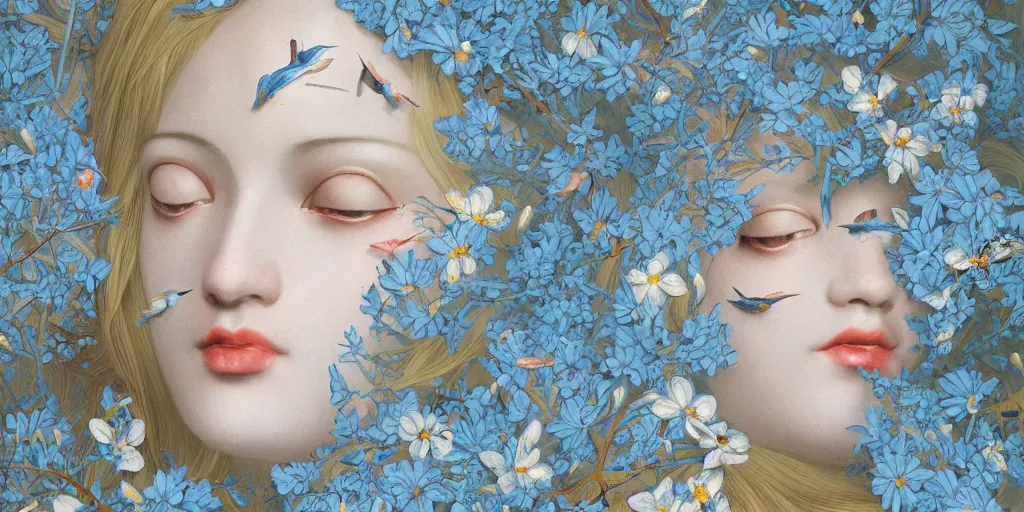 Image similar to breathtaking detailed concept art painting art deco pattern of blonde faces goddesses amalmation light - blue flowers with anxious piercing eyes and blend of flowers and birds, by hsiao - ron cheng and john james audubon, bizarre compositions, exquisite detail, extremely moody lighting, 8 k