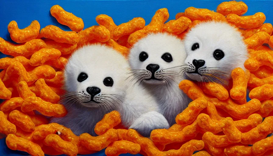 Image similar to highly detailed painting of cute furry white baby seals cuddling up in a big pile of wotsits and cheetos by william turner, thick brush strokes and visible paint layers, 4 k resolution