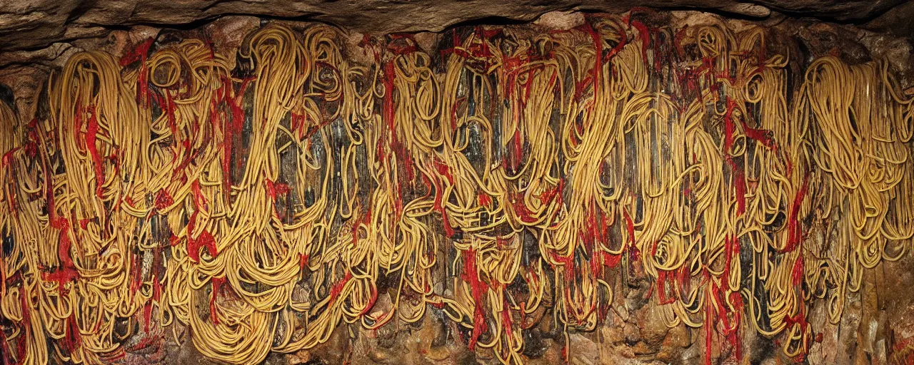 Image similar to wide shot spaghetti paintings on a cave wall, archaic, fine detail,