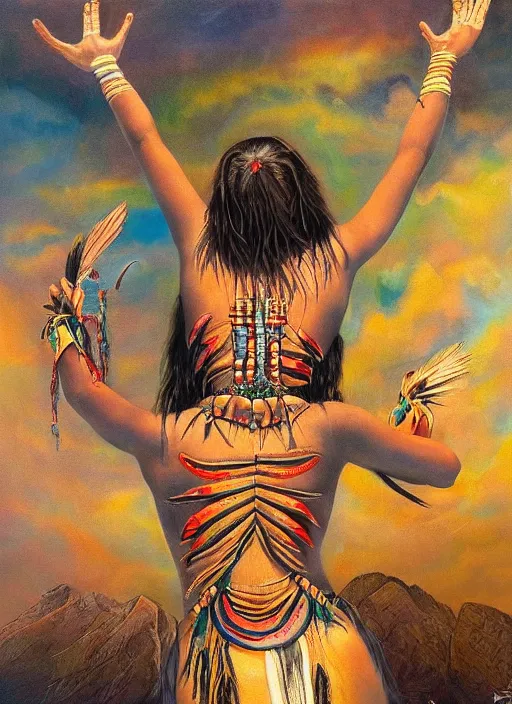 Prompt: a beautiful painting of an indigenous woman, holding up her arms to the sky, seen from behind, full body, matte painting, fantasy art, ayahuasca, highly detailed