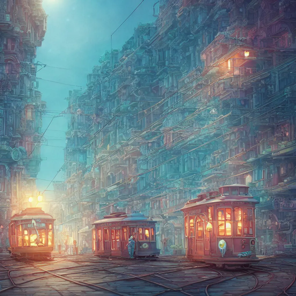 Image similar to a streetcar is running on the chromatic sea composed of coral and shells, unreal engine, fantasy art by greg, loishand lois van baarle, global illumination, radiant light, detailed and intricate environment ， trending onstudio ghibli ， highly detailed, octane render, 8 k