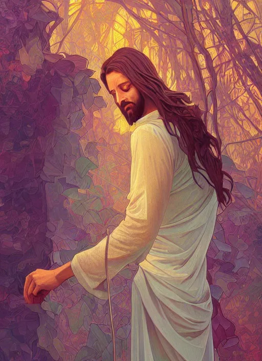 Prompt: handsome jesus, half body shot, path traced, highly detailed, high quality, digital painting, alena aenami, lilia alvarado, shinji aramaki, karol bak, alphonse mucha, tom bagshaw