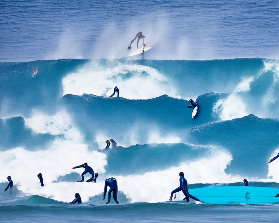 Image similar to worshippers in blue wetsuits belonging to the cult of the surfers, surfing in waves, standing on surfboards, surfing in the face of a tsunami, high detailed colors, bright deep blue