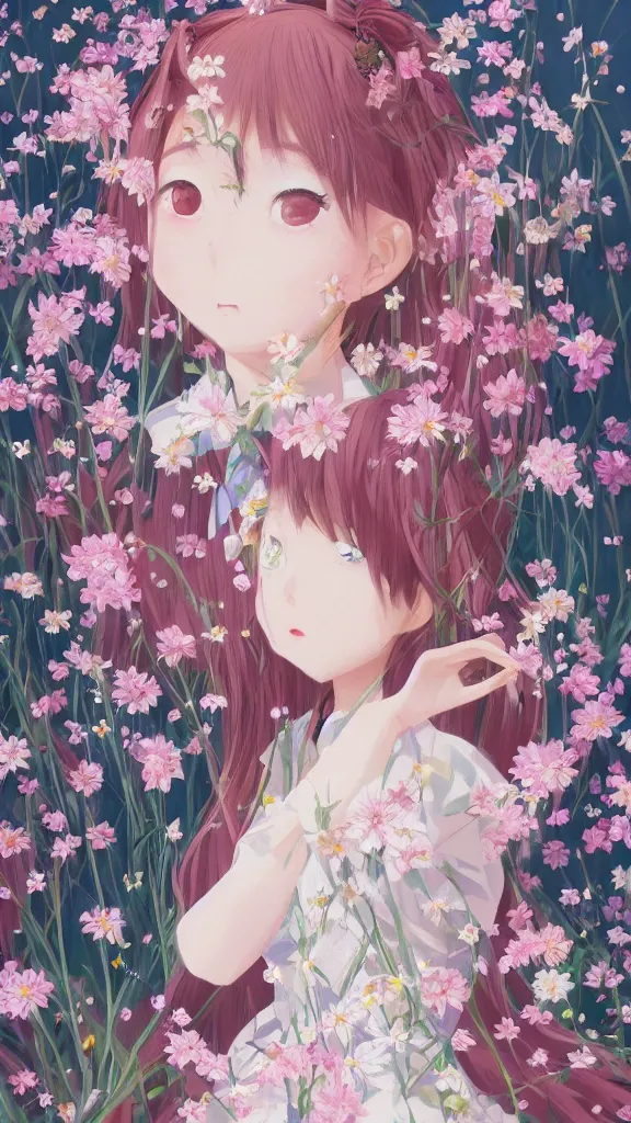 Prompt: portrait of a japanese girl dancing in a field full of flowers, detailed, elegant, highly detailed, artstation, concept art, illustration, sharp focus, anime, art by kurozaki sakura,