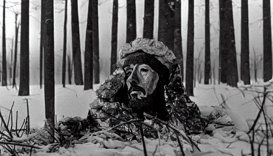 Image similar to 1 9 6 0 s movie still close up of a skinny emperor marcus aurelius with frozen face, laying down on the danube's shore pine forests, cinestill 8 0 0 t 3 5 mm b & w, high quality, heavy grain, high detail, cinematic composition, dramatic light, anamorphic, hyperrealistic, very foggy, by irving penn