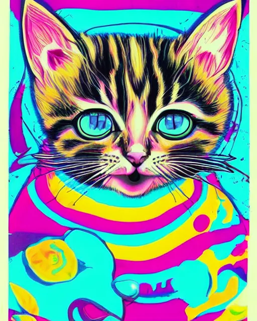 Prompt: symmetrical portrait of a cute kitten, acid psychedelic poster, in the color scheme of Landon Peters,