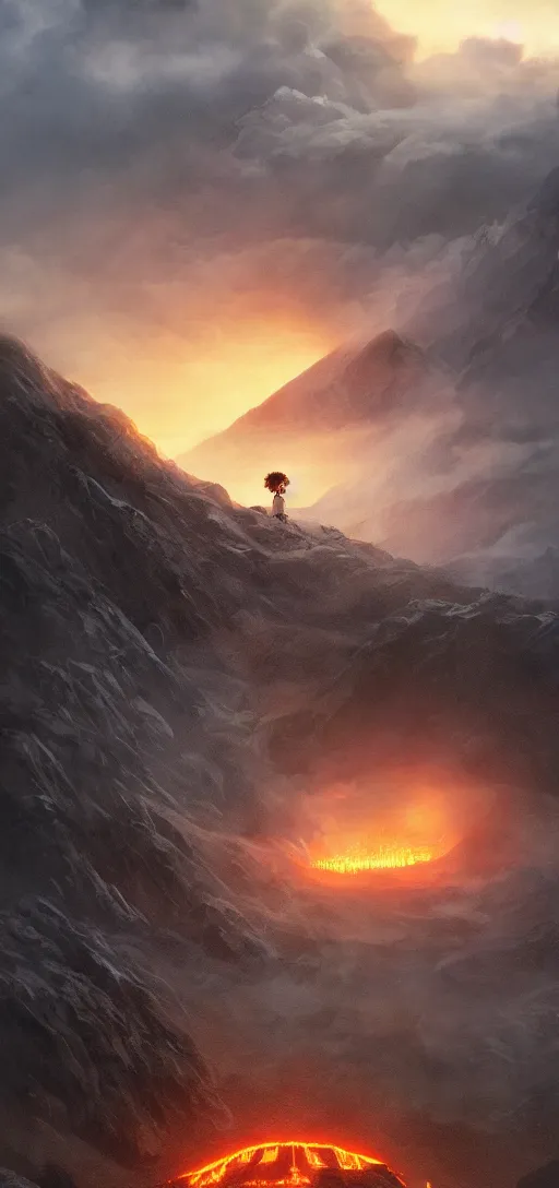 Image similar to Frodo throwing the ring of power into the fires of Mount Doom, dynamic lighting, cinematic, establishing shot, extremly high detail, foto realistic, cinematic lighting, post processed, concept art, artstation, matte painting, style by ghibli, myazaki