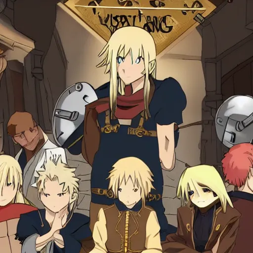 Image similar to young blonde boy fantasy thief in a tavern surrounded by friends, full metal alchemist, anime style