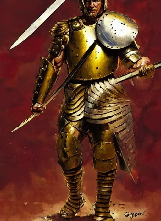 Image similar to muscular roman soldier with sword by simon bisley and greg rutkowski, full body gold plate armor! dynamic battle pose, vivid color scheme