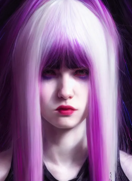 Image similar to hair whitebangs hair, black cyberlox, portrait of normal teenage girl with white bangs, messy bangs, cyberlox, whitebangs, red irises, purple clothes, intricate, elegant, glowing lights, highly detailed, digital painting, artstation, concept art, sharp focus, smooth, illustration, art by wlop, mars ravelo and greg rutkowski