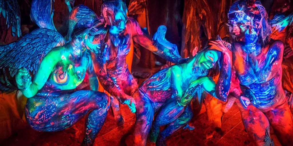 Image similar to people with glowing body paint, rebirth symbolism, wide angle, cinematic atmosphere, elaborate, UV, Blacklight, highly detailed, dramatic lighting