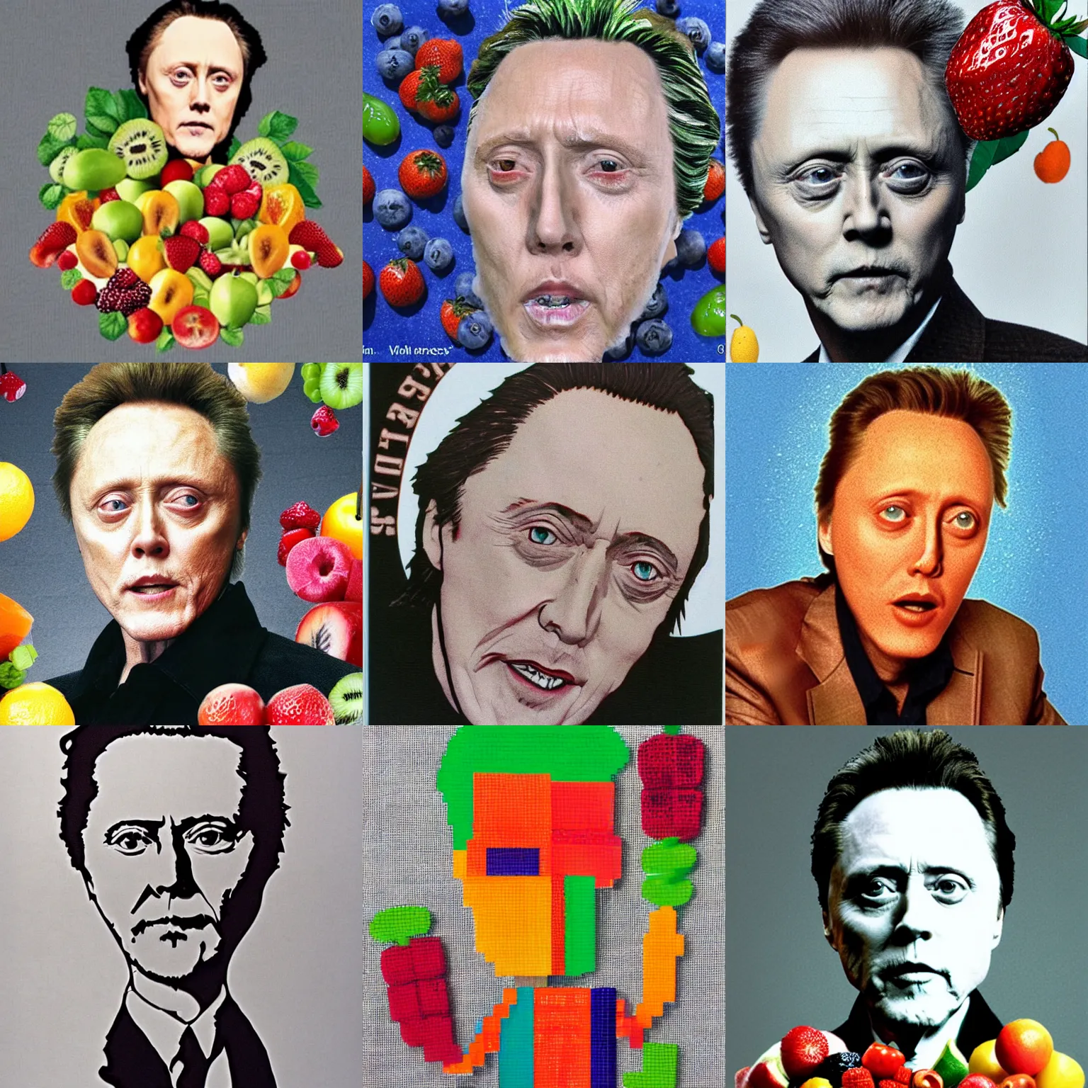 Prompt: christopher walken made out of assorted fruits