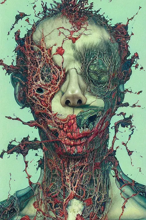 Image similar to realistic detailed image of a Body ripping apart, Conjuring Psychedelic by Shintaro Kago, Neo-Gothic, gothic, rich deep colors. Beksinski painting, part by Adrian Ghenie and Gerhard Richter. art by Takato Yamamoto. masterpiece