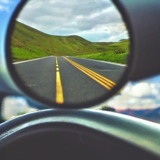 Prompt: staring at the world through my rearview