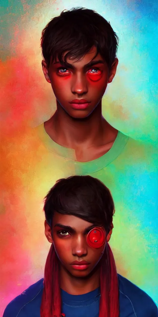 Image similar to colorful and festive captivating teenager with straight brown hair covering his eye, dark skin, big lips, big eyes, wearing a red t - shirt. rich vivid colors, ambient lighting, dynamic lighting, 4 k, atmospheric lighting, painted, intricate, highly detailed by charlie bowater