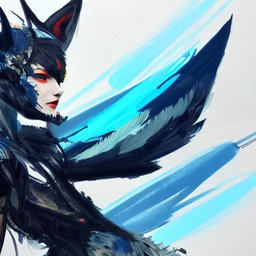 Image similar to concept art of winged wolf neon blue and black, highly detailed painting by dustin nguyen, akihiko yoshida, greg tocchini, 4 k, trending on artstation, 8 k