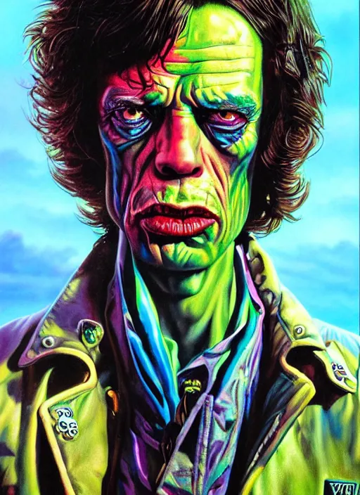 Prompt: mick jagger as an apocalyptic scifi vampire biker character, psychedelic vibrant colors, futuristic punk rock fashion, oil painting by michael whelan art, oil painting by sebastian kruger, oil painting by richard corben, perfect face, sharp focus, detailed eyes, realistic, 8 k