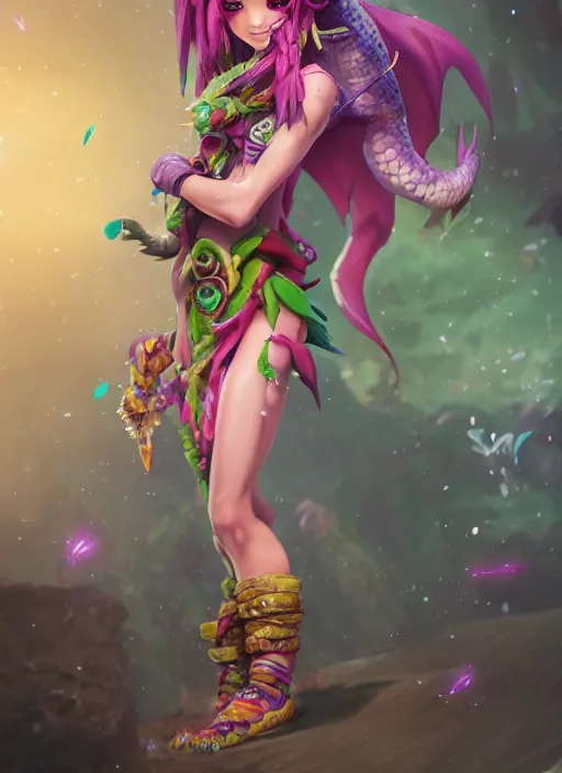 Image similar to neeko the dragon girl, from league of legends, au naturel, hyper detailed, dragon tailed, digital art, trending in artstation, cinematic lighting, studio quality, smooth render, unreal engine 5 rendered, octane rendered, art style by klimt and nixeu and ian sprigger and wlop and krenz cushart