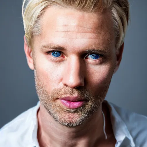 Image similar to close up of face of good looking 4 0 year old blond man with blond stubble, very short wavy blond hair in a short pompadour style, very pale skin, blue eyes, hairy shoulders, hairy chest, color portrait, 4 k