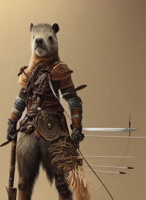 Image similar to detailed full body concept art illustration soft focus oil painting on canvas of an anthropomorphic capybara archer in full intricate clothing, biomutant, dystopian, micro detail, octane render, 4K