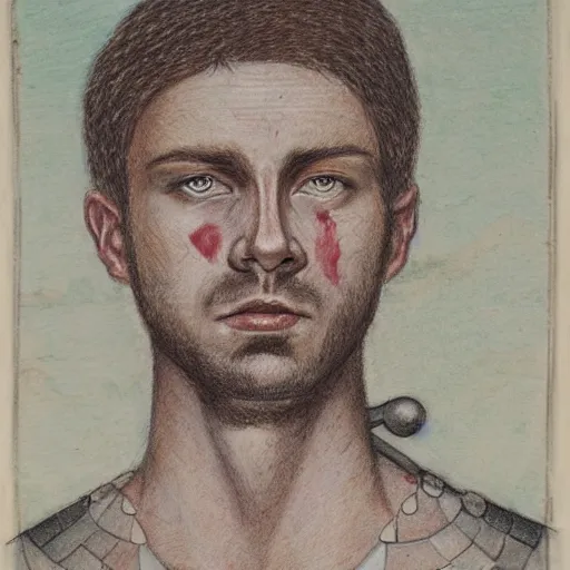 Image similar to self portrait, handsome man with battle scar on his chest holding his sword on his shoulder, pencil art, detailed, handsome, colored, bloody