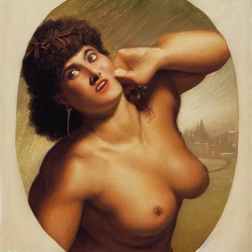 Image similar to a short young genie, with spikey short brown hair, brown skin, abs, a confident smile, emerging from her lamp and flexing her bicep, award winning painting by edward poynter