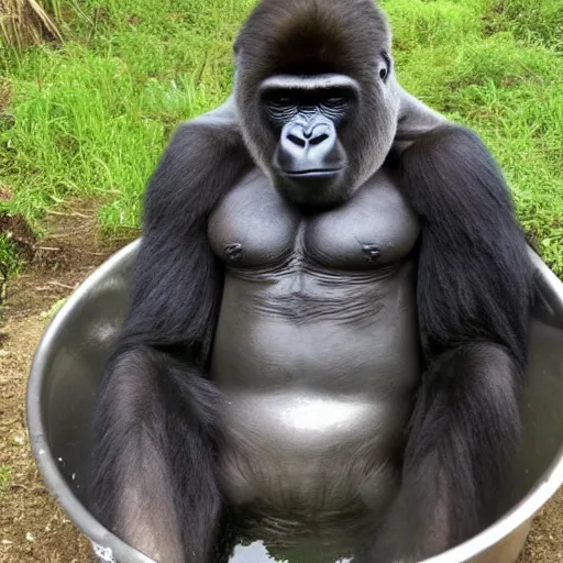 Prompt: gorilla in a metal bathtub