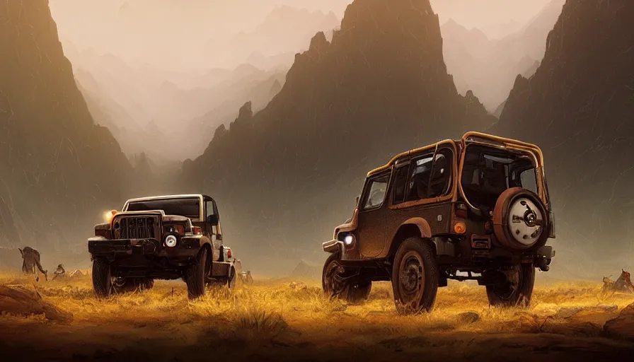 Image similar to Mahindra thar, tribe members watching nearby, an epic fantasy, dramatic lighting, cinematic, establishing shot, extremely high detail, photorealistic, cinematic lighting, artstation, by simon stalenhag, horizon forbidden west