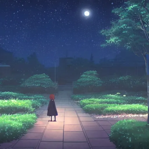 Image similar to a secret garden at night, moon, no people, by makoto shinkai