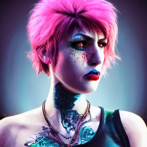 Prompt: punk women portrait made out of paint, short hair, octane render, highly detailed, realistic, tim burton and bob ross comic book art, matte painting, holographic, trending on artstation, cinematic, splashes of neon, sacred geometry in the background