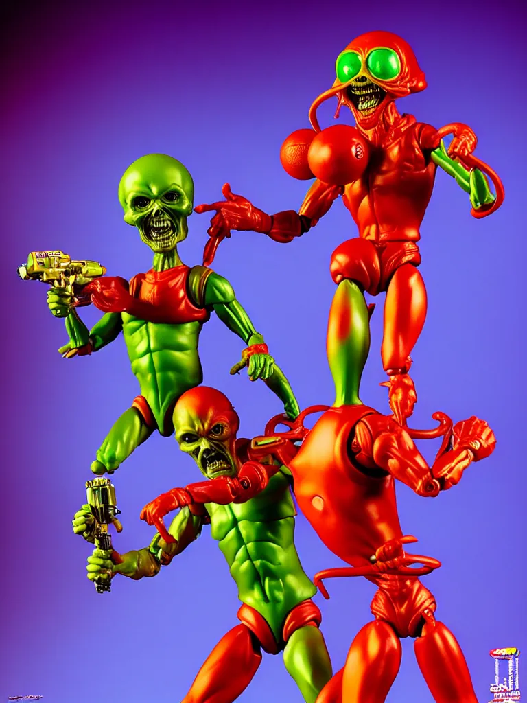 Image similar to hyperrealistic rendering, shiny mars attacks martian by art of skinner and richard corben and jeff easley, product photography, action figure, sofubi, studio lighting, colored gels, rimlight, backlight