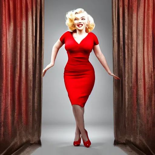 Prompt: Stunning studio photograph of Marilyn Monroe in a red dress smiling slightly for the camera, XF IQ4, f/1.4, ISO 200, 1/160s, 8K, RAW, unedited, symmetrical balance, in-frame, sharpened