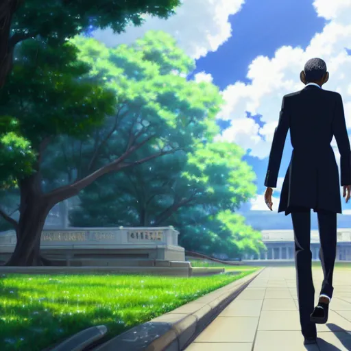 Image similar to beautiful makoto shinkai anime style digital painting portrait of barack obama at the white house walking away from a woman, heartbroken, 4 k, 8 k, hd, high resolution, highly detailed, intricate detail, ultra realistic faces, digital art, trending on artstation, your name, weathering with you